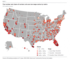 US Map showing the number and share of workers who are low-wage by metro area.